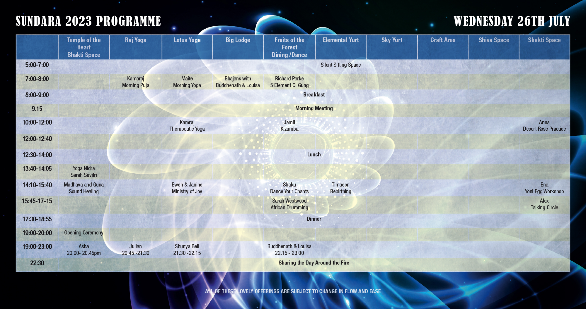 Sundara schedule for Wednesday 26th July 2023